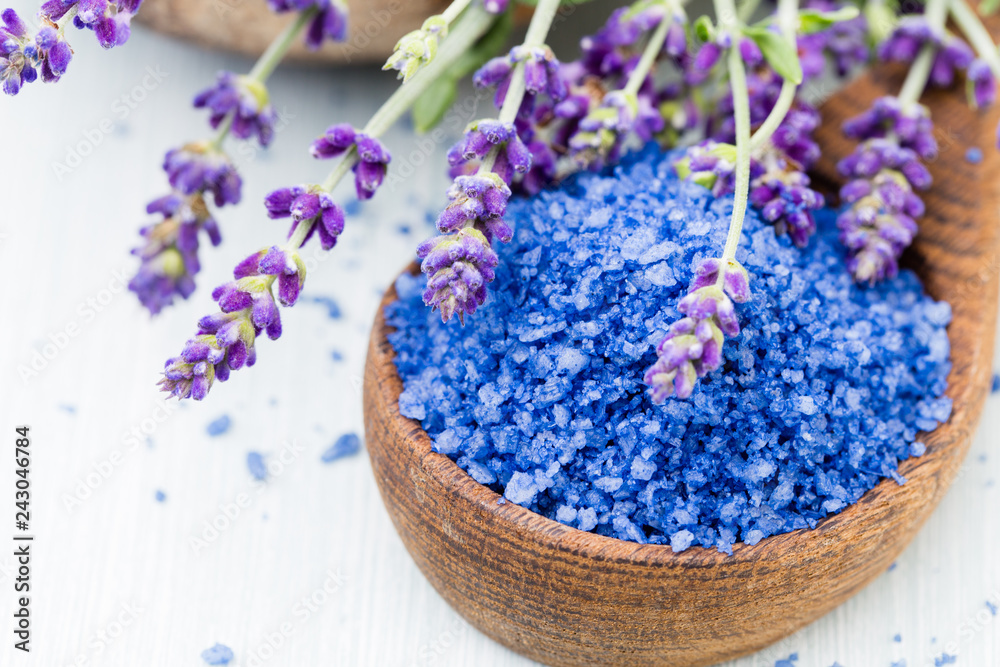 Essential lavender salt with flowers top view. Essential lavender salt with flowers top view.