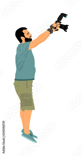 Photographer with camera vector illustration. Paparazzi shooting on the event. Photo reporter on duty. Sport photography. Journalist man works for breaking news. Wedding fashion photographer focusing.