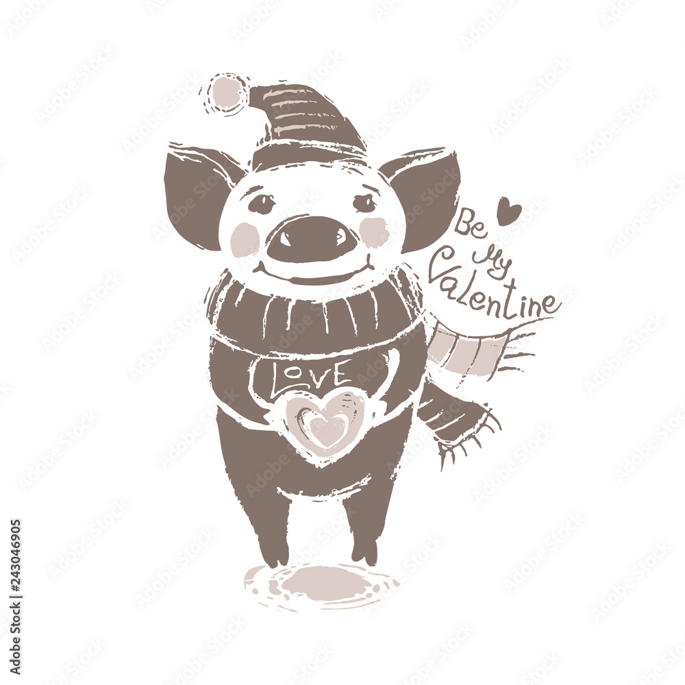 Be my Valentine. Funny card with a pig in a hat and scarf. Cute pig gives heart. Sketch illustration vector.