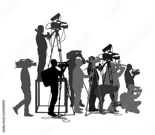 Cameraman crew follows event vector silhouette isolated on white. Concert reporter on duty. Breaking news in studio. Broadcast in live election presentation. Video technology. Camera man outdoor job