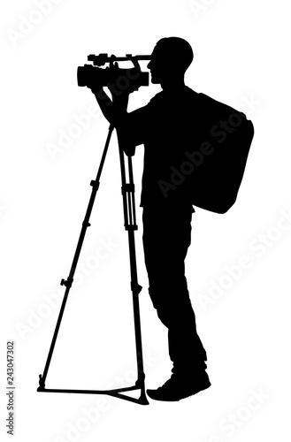 Cameraman with tripod with video camera on sport event vector silhouette isolated on background. Concert reporter with backpack on duty. Breaking news in studio. Broadcast in live. Video technology.