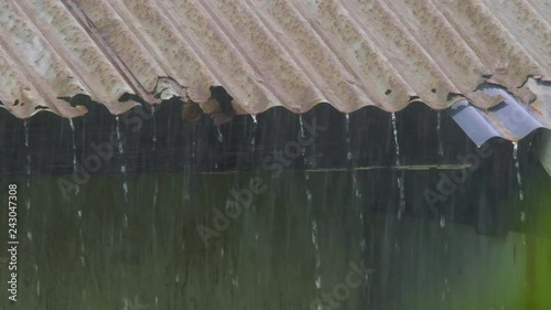 Slow Motion Heavy Rain Tin Rooftop Close Up, 4K