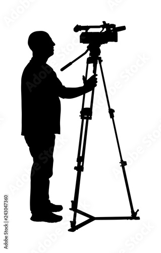 Cameraman silhouette with video camera on event, concert, sport event, isolated on background. Vector illustration. Breaking news in studio. Broadcast il live.