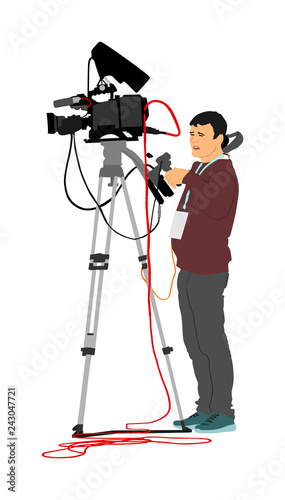 Cameraman vector with video camera on event, concert, sport match,  isolated on background. Reporter vector illustration.  Breaking news in studio. Broadcast in live. Video technology.