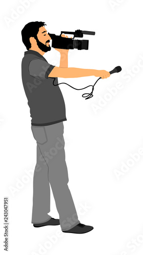 Journalist News Reporter Interview with camera crew vector illustration isolated. TV reporter interviewed people on street. Cameraman and presenter  light  sound assistant. Breaking news one man show.