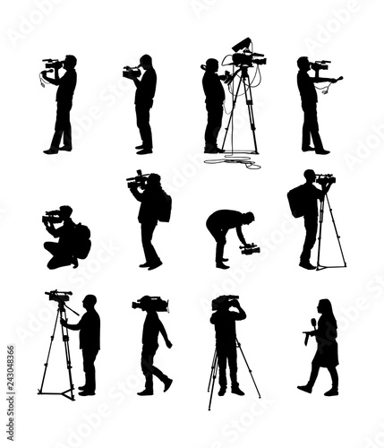 Cameraman crew follows event vector silhouette isolated on white. Concert reporter on duty. Breaking news in studio. Broadcast in live election presentation. Video technology. Camera man outdoor job