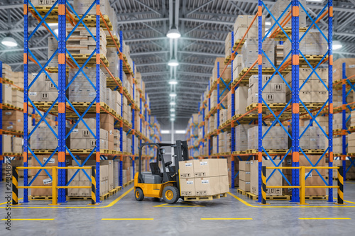 Forklift truck in warehouse or storage and shelves with cardboard boxes. photo