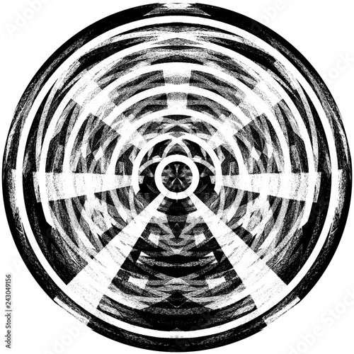 Black-White Round Grunge Overlay Element. Circle Pattern, Logo, Badge, Label, Icon. Abstract Distress Texture Backdrop. Dirty Vintage Monochrome Illustration Background. Brush Strokes Template