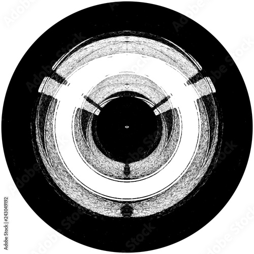 Black-White Round Grunge Overlay Element. Circle Pattern, Logo, Badge, Label, Icon. Abstract Distress Texture Backdrop. Dirty Vintage Monochrome Illustration Background. Brush Strokes Template