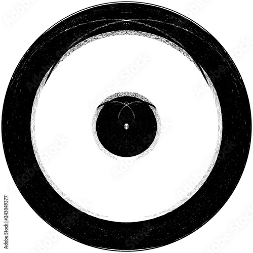 Black-White Round Grunge Overlay Element. Circle Pattern, Logo, Badge, Label, Icon. Abstract Distress Texture Backdrop. Dirty Vintage Monochrome Illustration Background. Brush Strokes Template