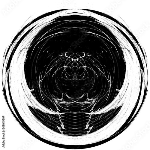 Black-White Round Grunge Overlay Element. Circle Pattern, Logo, Badge, Label, Icon. Abstract Distress Texture Backdrop. Dirty Vintage Monochrome Illustration Background. Brush Strokes Template
