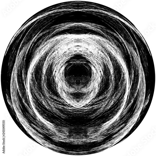 Black-White Round Grunge Overlay Element. Circle Pattern, Logo, Badge, Label, Icon. Abstract Distress Texture Backdrop. Dirty Vintage Monochrome Illustration Background. Brush Strokes Template