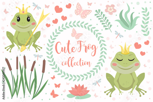 Cute frog princess character set of objects. Collection of design element with marsh reeds, flowers, plants. Kids baby clip art funny smiling animals. Vector illustration.