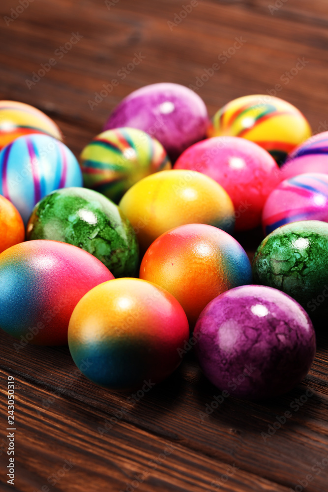 Row of Easter eggs on table. easter decoration Row of Easter eggs on table. easter decoration