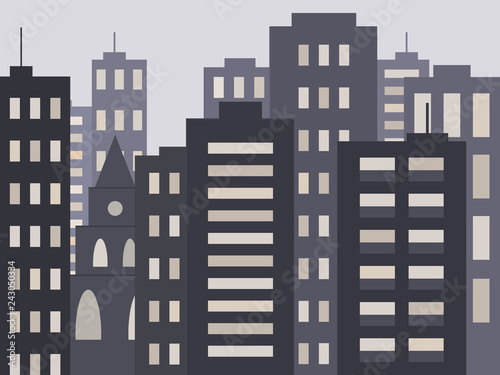 Cute urban cityscape in the evening or at night: modern houses, buildings and Church or Cathedral. Vector illustration