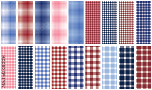 Gingham seamless pattern set. 18 repeating patterns for apparel, fabric, decor, gift wrap, background, scrapbooking, paper crafts and more. Classic plaid prints. Preppy. Navy, red, white and blue.