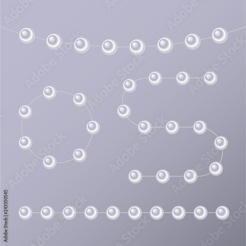 Abstract pearl garlands, beads isolated on gray background. Set for celebratory design, Christmas decorations. wedding theme. (Clipping mask used, easy editable) Vector illustration.