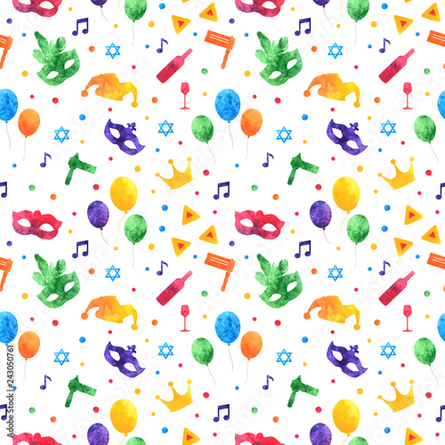 Purim seamless pattern with carnival watercolor elements. Jewish festival  endless background  texture  wallpaper. Vector illustration.