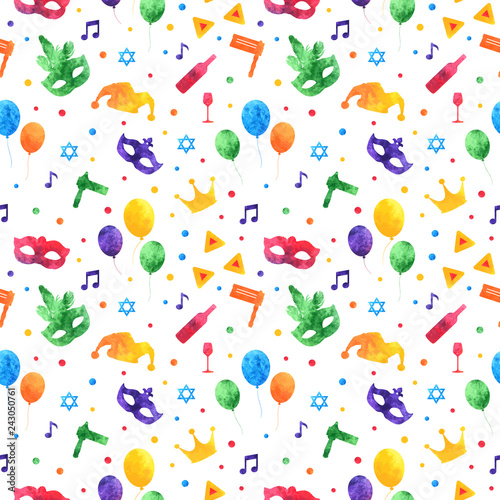 Purim seamless pattern with carnival watercolor elements. Jewish festival, endless background, texture, wallpaper. Vector illustration.