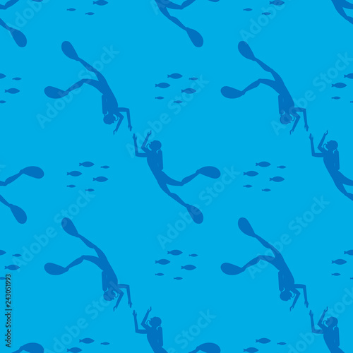 seamless pattern Silhouette diver with fishes . Active lifestyle