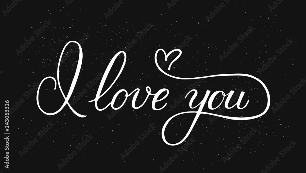 I love you calligraphy hand lettering with heart on black background. Valentines day greeting card. Romantic typography poster. Vector illustration.