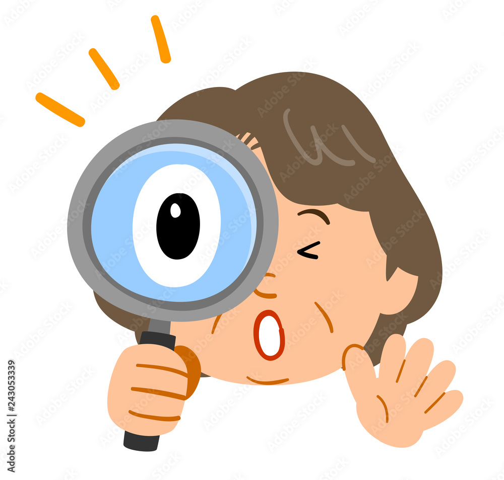 虫眼鏡を覗いて驚く女性 中高年 顔 表情 ふくよか Stock Vector Adobe Stock