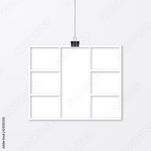 Paper photo frame hanging with binder clips. Template collage vector illustration isolated. Paper cut effect. Mock up for photographers. Photo album page.