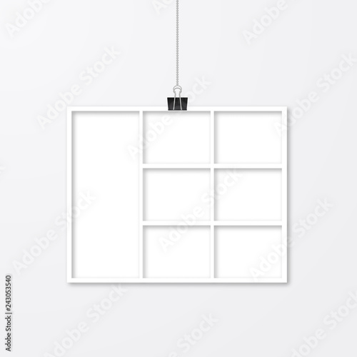 Realistic white paper photo frame hanging with binder clips. Template collage vector illustration isolated. Mock up for photographers.
