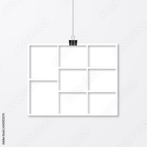 Paper photo frame hanging with binder clips. Template collage vector illustration isolated. Paper cut effect. Mock up for photographers. Photo album page.