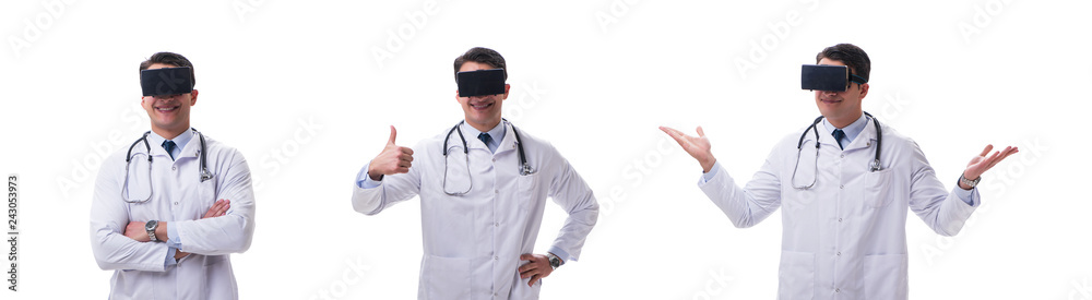 Doctor wearing 3d virtual reality glasses on white Doctor wearing 3d virtual reality glasses on white