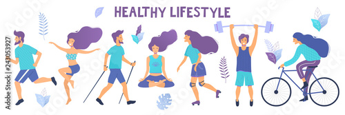 Healthy lifestyle. Different physical activities: running, roller skates, dancing, bodybuilding, yoga, fitness, scooter, nordic walking. Flat vector illustration.