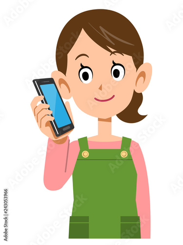 電話をする女性　主婦　エプロン　上半身
