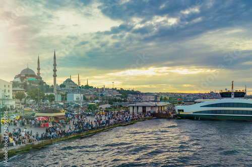 Scenic view of Eminonu pier and New Moskue (Yeni Cami), Istanbul, Turkey
