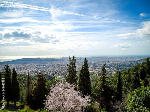 Landscape of Barcelona city with buildings  mountains  sea and sky in the background.