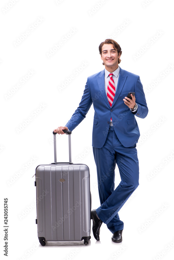 Young handsome businessman with suitcase isolated on white Young handsome businessman with suitcase isolated on white