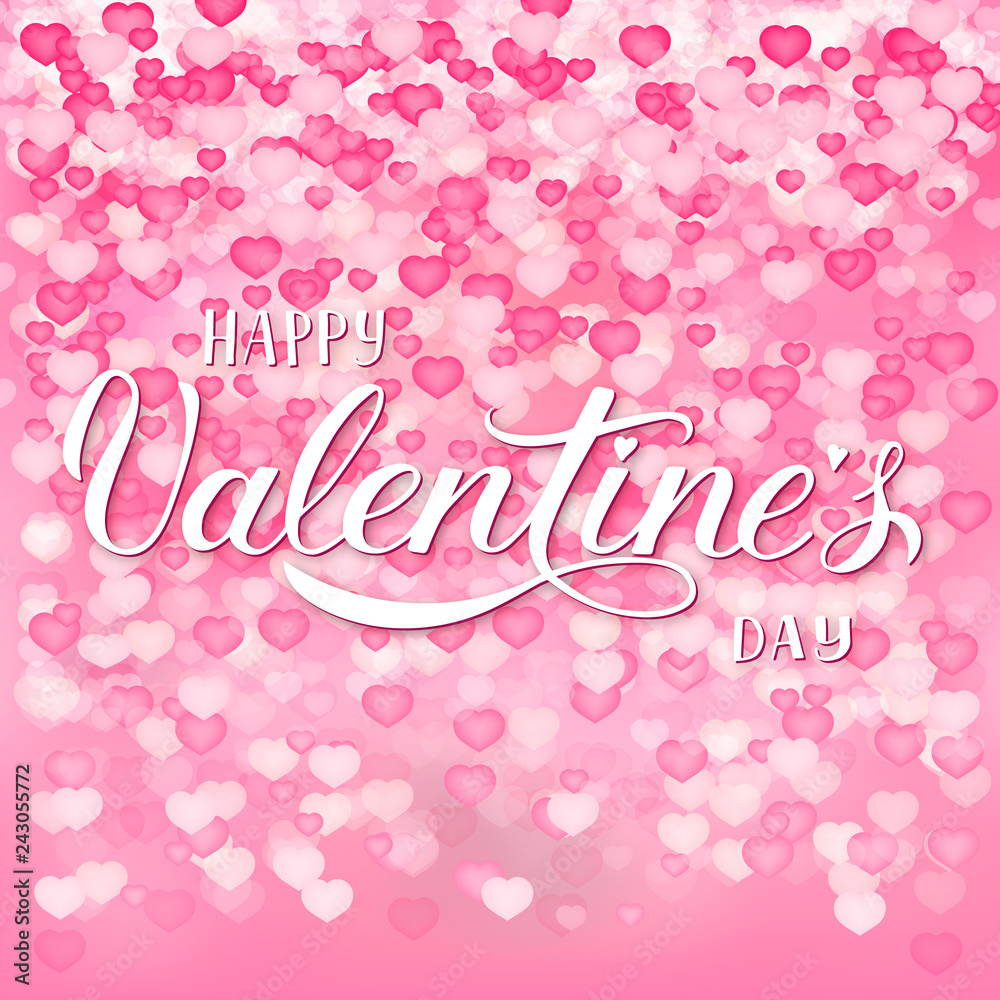 Happy Valentines Day calligraphy hand lettering on soft pink background with 3d hearts confetti. Easy to edit vector template