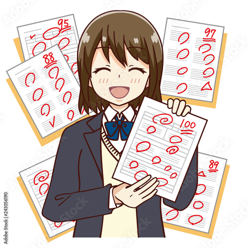 女子　学生　テスト　100点