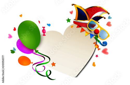 Fasching, Herz Schild mit Luftballons, Konfetti Herzen und bunten Fasching Accessoires