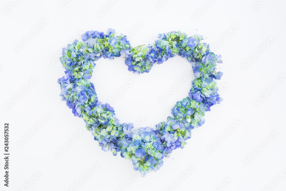 Love symbol of blue hydrangea flowers on white background. Valentines day. Flat lay, top view.