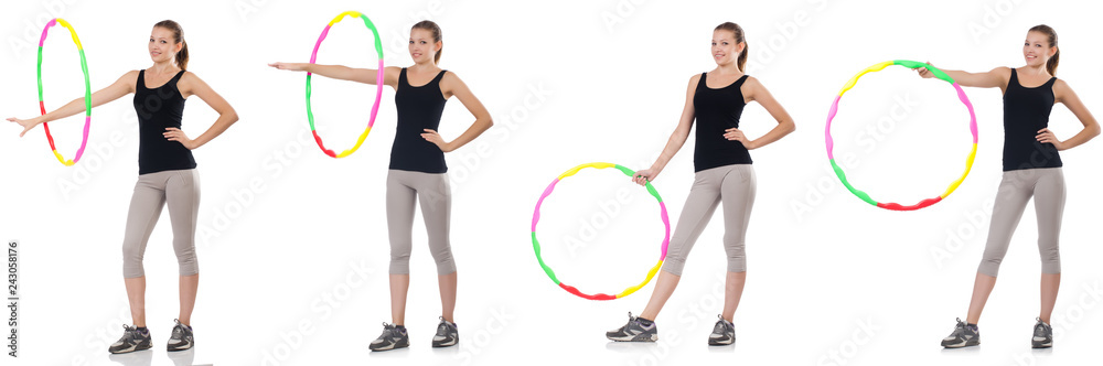 Young woman with hula hoop isolated on white Young woman with hula hoop isolated on white