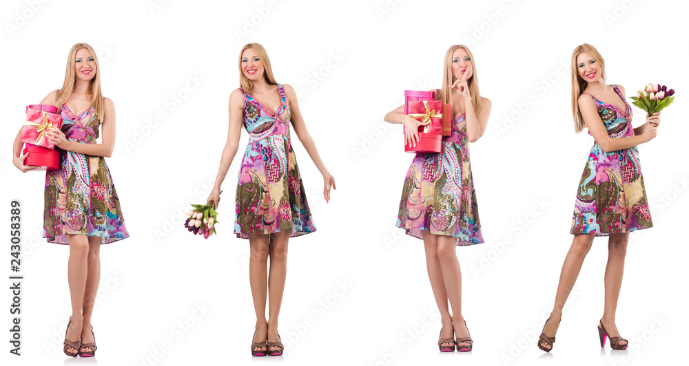 Beautiful woman with giftboxes and flowers Beautiful woman with giftboxes and flowers