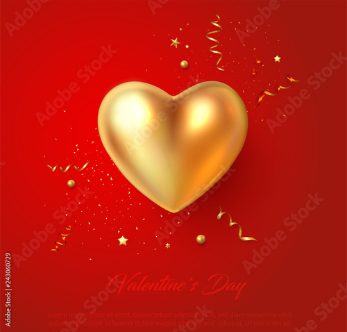 Red card with gold 3d heart and confetti for St. Valentine's Day.