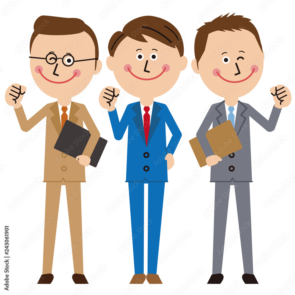 ポップなスーツの男性社員3人がガッツポーズ 全身 Stock Vector Adobe Stock