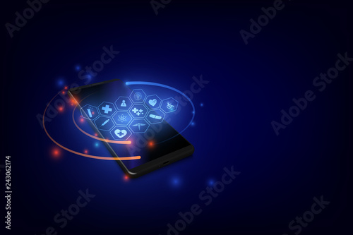 Medical consultation and treatment via application of smartphone connected internet clinic. vector illustration