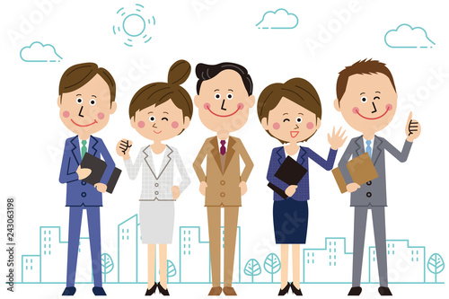 ポップなスーツの会社員が社長を囲んでハイポーズ