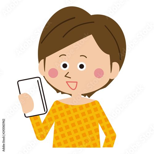 スマホを操作するショートカットの女性