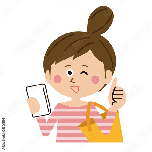 外出先でスマホを操作するかわいい女性　いいね！