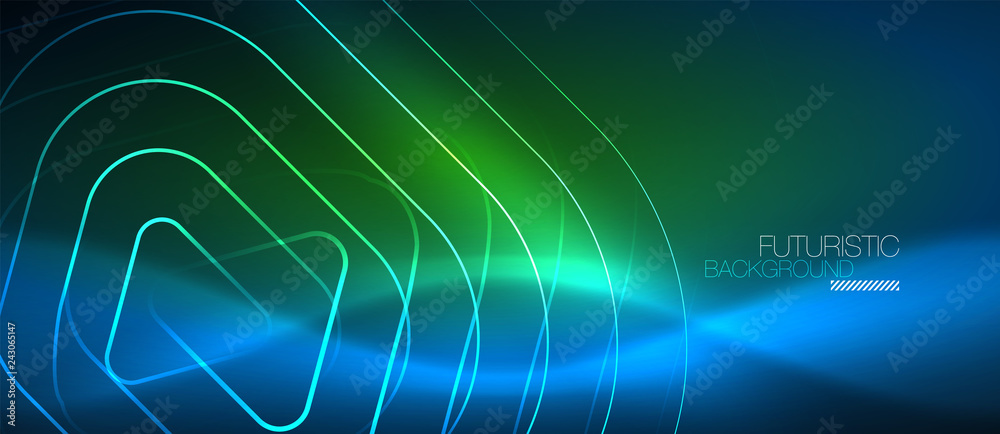Neon glowing techno lines, hi-tech futuristic abstract background template with geometric shapes Neon glowing techno lines, hi-tech futuristic abstract background template with geometric shapes