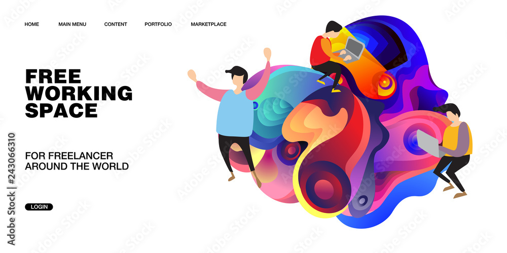 Working Space Illustration and Design for Website, Presentation, and Landing Page with colorful liquid background