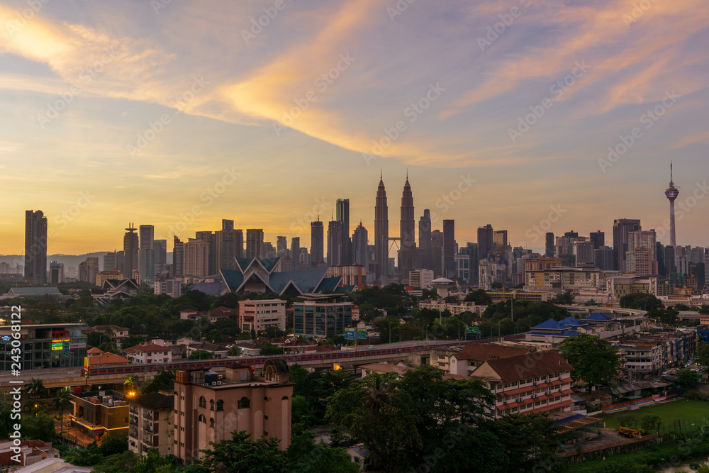 KUALA LUMPUR, MALAYSIA - 13th JAN 2019; Majestic sunrise over downtown Kuala Lumpur, Malaysia.	